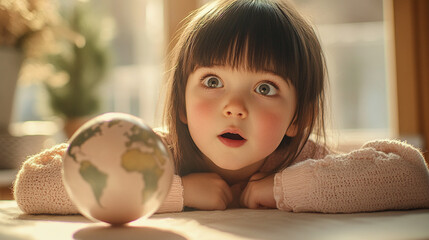 Fototapeta premium A cute preschool little girl is twirling a globe on table in a school classroom, kindergarten. Funny child on geography lesson. Young adventurer.