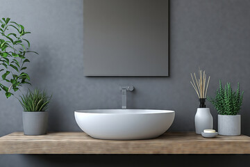 Elegant gray bathroom sink resting on a rustic wooden shelf along with a mirror and lush greenery creating a serene atmosphere