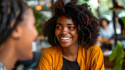 Obraz premium Smiling young business woman listening her partner on coworking space