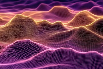 Fototapeta premium Futuristic 3D Topographic Landscape: Wave-Like Forms and Grid Mesh in Surreal Purple, Pink, and Yellow Hues