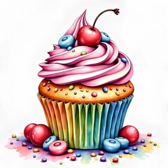 Watercolor Colorful cupcake decorated with sweets and candies
