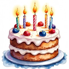 Watercolor Birthday cake with candles isolated on a transparent background