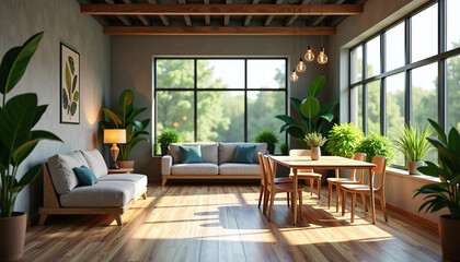 A nature-friendly workspace with recycled furniture, indoor plants, and energy-efficient lighting, emphasizing sustainability at work.