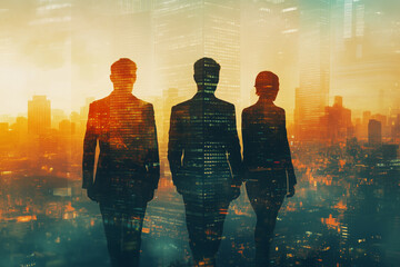 Business trio walking through a vibrant urban landscape at dawn, embracing new opportunities and connections