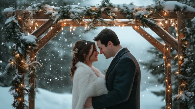 A couple exchanges vows in a snow-covered outdoor wedding beneath a wooden arch adorned with evergreen branches and fairy lights during winter