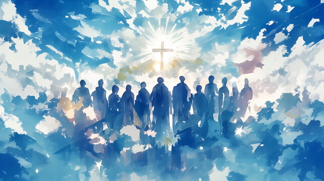 Abstract painting of silhouettes of saints looking at cross in heaven . Hand painted watercolor illustration. 12 apostles. Christian art for card, banner. All Saints Day. All Souls' Day