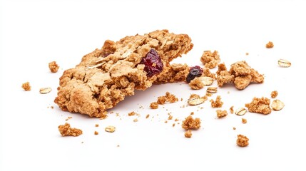 A broken whole grain biscuit with rolled oats and fruit.  You can see the crumbs on a white background.