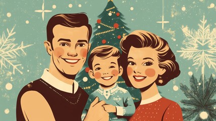 Traditional Christmas Family Picture: Vintage Scene Featuring a Decorated Xmas Tree and Holiday Cheer