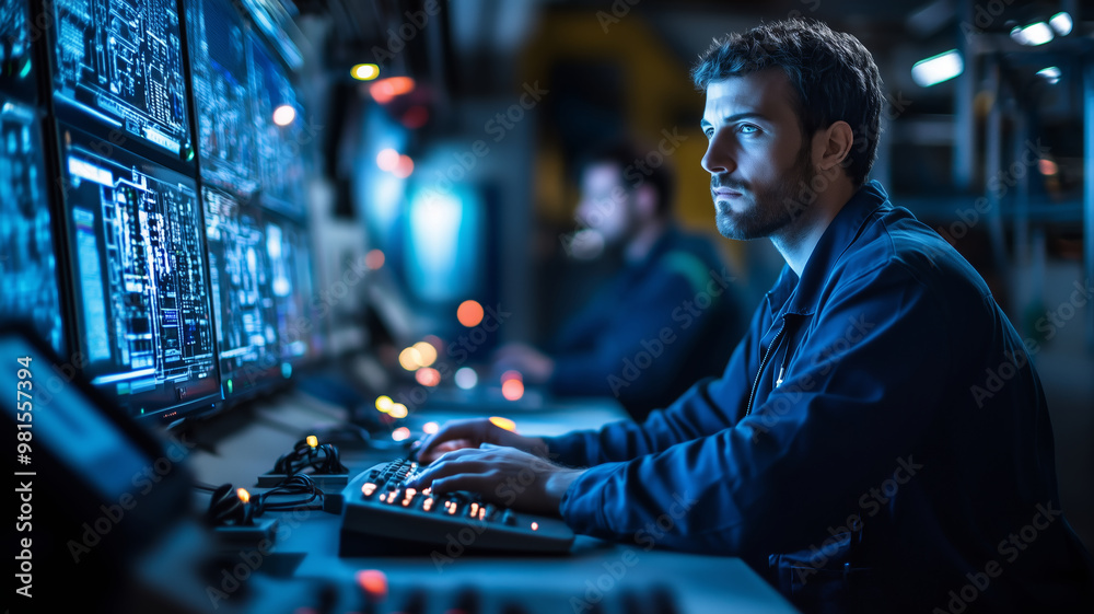 Aufkleber engineers in dark blue overalls collaborate on high-tech equipment in a modern control room during a