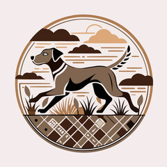 Dog walking happily on a grassy field with a stylized landscape background