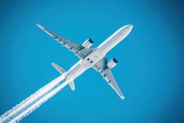 Fototapeta premium an airplane flying in the sky, taken from below looking up at its wings and engines Generative AI