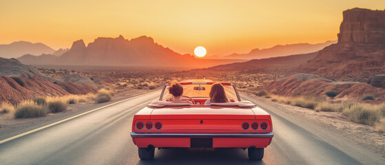Two women friends driving a convertible car over desert highway, sunset over hills in distance. Generative AI