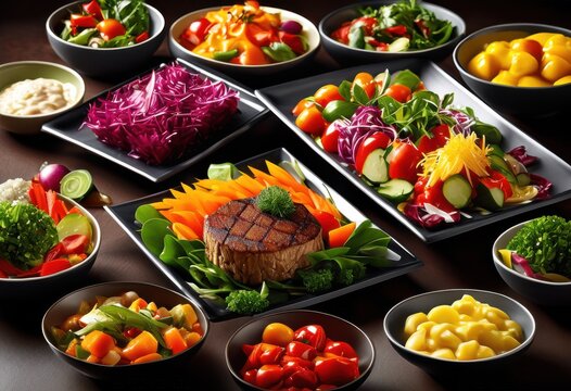 vibrant selection colorful quick service meals featuring fresh ingredients tempting presentation fast dining experience, cuisine, plate, food, restaurant