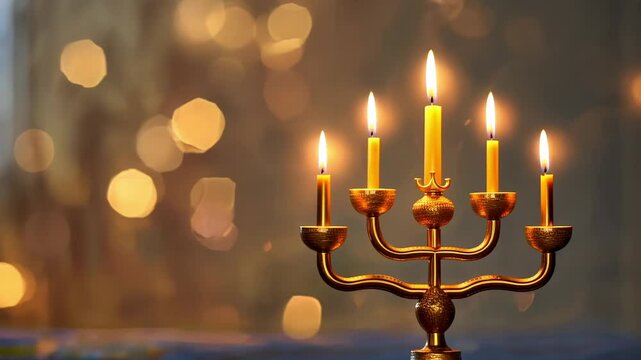 Glowing hanukkah menorah with lit candles against shimmering bokeh background. ideal for festive jewish holiday designs and seasonal greetings. Static shot - Powered by Adobe