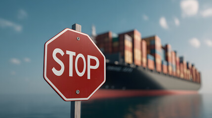 Obraz premium Cargo Ship in Background with Stop Sign in Foreground | Maritime Shipping and Transportation Caution