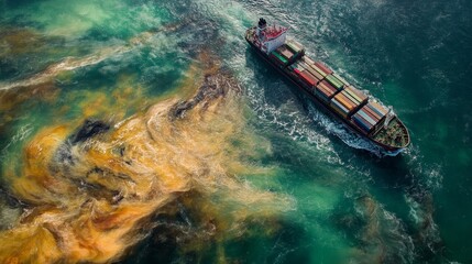 Aerial View of Cargo Ship Sailing Through Swirling Water, Ocean, Shipping, Sea