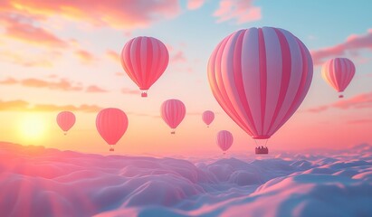Fototapeta premium Colorful Hot Air Balloons Soaring Over Dreamy Sunset Landscape