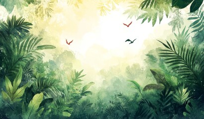 Tranquil Tropical Rainforest With Foliage and Birds in Watercolor Art Style