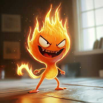 A mischievous flame character dances playfully in a cozy room, radiating energy and warmth in the soft afternoon light
