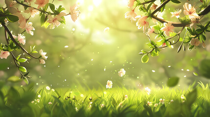 Obraz premium Spring background - abstract banner with green blurred bokeh lights.