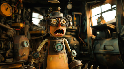 cartoon character scared robot in the style of animated film pioneer (Aa53)