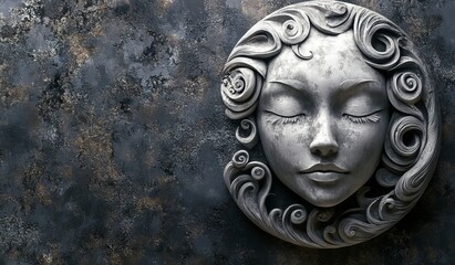 Ethereal Stone Face On Textured Background With Flowing Hair Sculpture