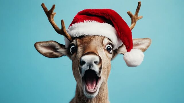 A reindeer appears surprised while wearing a festive Santa hat on blue background, joyfully embracing the Christmas spirit