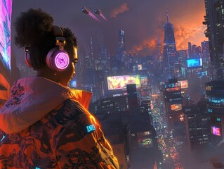 Neon City Wanderer A digital painting of a woman in a futuristic cityscape, with a neon sign in the background, cyberpunk, future city, urban art