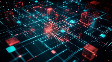 Fototapeta premium Neon Grid with Glowing Cubes, 3D Render, Abstract, Cyberpunk, Network, Digital, Futuristic