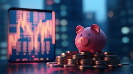 Piggy Bank on a Pile of Coins with a Stock Market Chart in the Background, financial , saving , money