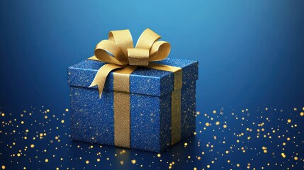 gift box with ribbon and gold bow on blue background with golden glitter with copy space transparent background