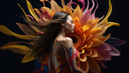 Woman with Long Hair Surrounded by Flower Petals