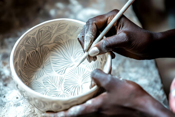 Artisan hand-paints intricate prehistoric plants, fern 
 patterns on handmade ceramic pottery