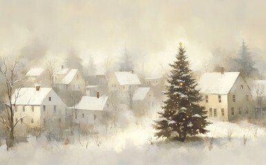 Naklejka premium Christmas Tree in a Misty Winter Village: Snow-Capped Homes and a Serene, Festive Morning