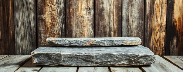 Stone Platform Against Rustic Wooden Wall, Texture, Background, Product Display ,rustic, stone, wood