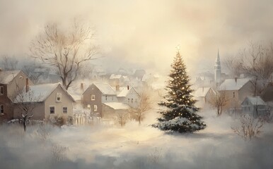 Christmas Tree in a Misty Winter Village: Snow-Capped Homes and a Serene, Festive Cold Morning