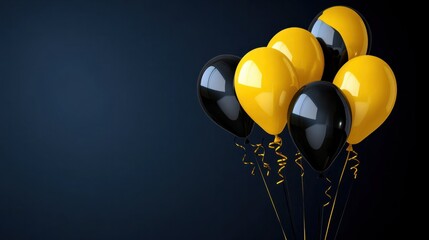 Group of glossy black and yellow balloons on dark blue background transparent background