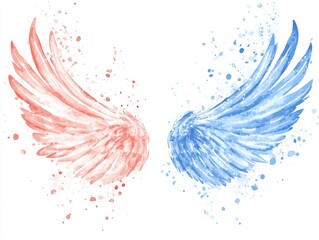 Naklejka premium Watercolor Angel Wings, Splashes of Color, Abstract Art, Pink and Blue, Watercolor, Wings, Abstract