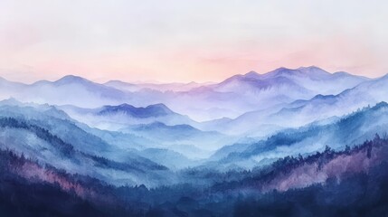 Fototapeta premium Watercolor Mountain Range at Sunset, Abstract Art, Blue Mountains, Nature Art
