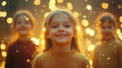 Happy kids with golden bokeh light particles. Holiday concept. transparent background
