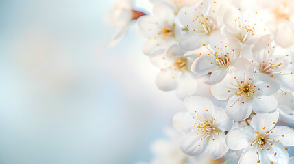 Fototapeta premium Spring border background with white blossoms; copy space.