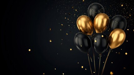 Fototapeta premium Luxury background with a golden and black balloons on a black background with a plce for text. AI generative transparent background