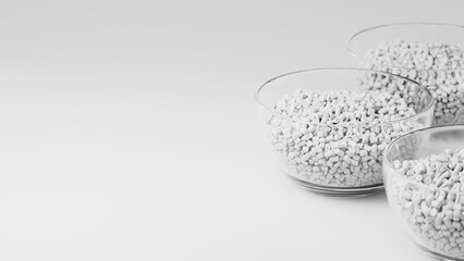 Glass cups with white plastic polypropylene granules, masterbatch polymer grain, on white backdrop. HDPE or PVC resin pellets. 3d render illustration