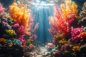 Naklejka premium A vibrant and colorful coral reef teeming with marine life, showcasing the incredible biodiversity and beauty of underwater ecosystems.