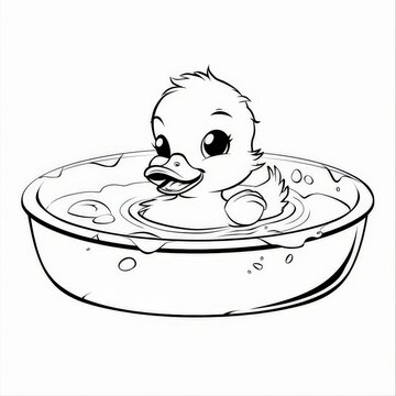 recommend clip art: coloring page for kids, cartoon style, simple shapes, white background, isolated, a duckling in a pan of water