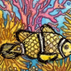 Oil paintings and various flowers, marine creatures, lotus leaves, lotus flowers, and beautiful fish