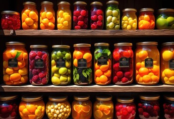 vibrant colorful jars preserved fruits displayed artfully attractive arrangement, glass, food, decor, bright, showcase, collection, ingredients, harvest