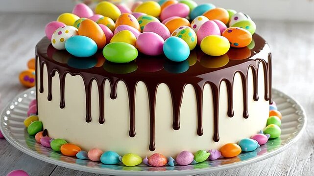 This festive cake features a creamy frosting topped with vibrant candies and a rich chocolate drizzle, perfect for any Easter celebration or spring gathering.