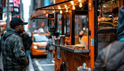 Fototapeta premium Vibrant food truck in urban setting with space for text, perfect for dynamic marketing messages
