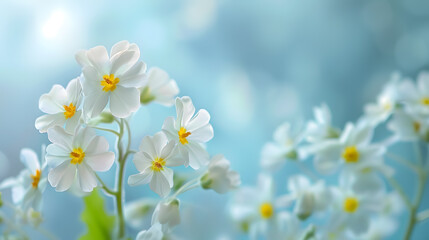 Spring forest with white primrose flowers on a blue background; blurred gentle sky-blue background; floral nature backdrop with free space for text